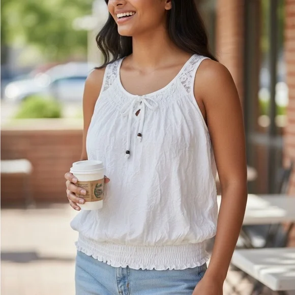 French Laundry Medium White Lace Trim Crinkled Women's Top - Picture 2 of 9